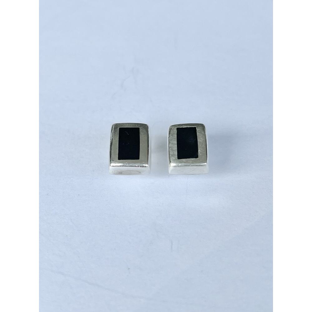 1960s Taxco TA-142 925 Silver & Black Onyx Baguette Rectangle Post Stud Earrings - Picture 3 of 8
